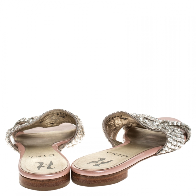 Pre Owned Gina Pink Crystal Embellished Leather Flat Slides Size 36
