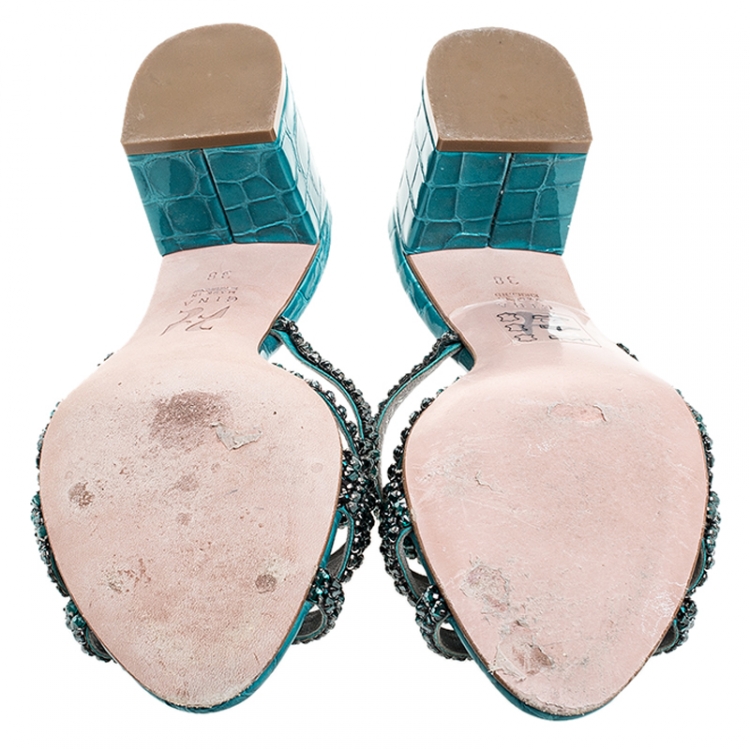 Pre Owned  Gina Teal Crystal Embellished Leather Dexie Sandals Size 38