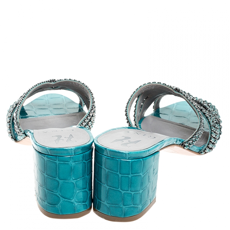 Pre Owned  Gina Teal Crystal Embellished Leather Dexie Sandals Size 38