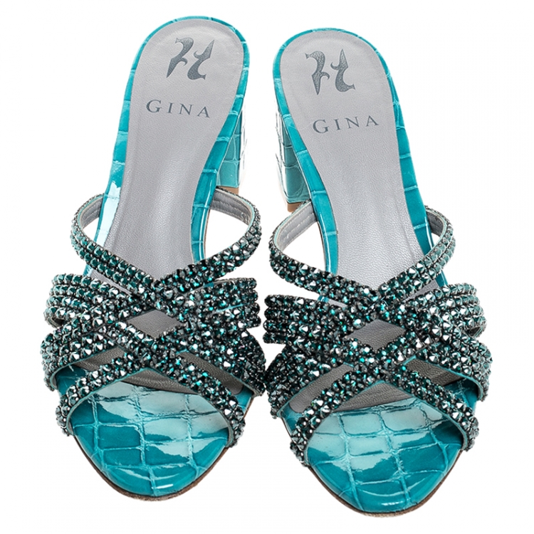Pre Owned  Gina Teal Crystal Embellished Leather Dexie Sandals Size 38