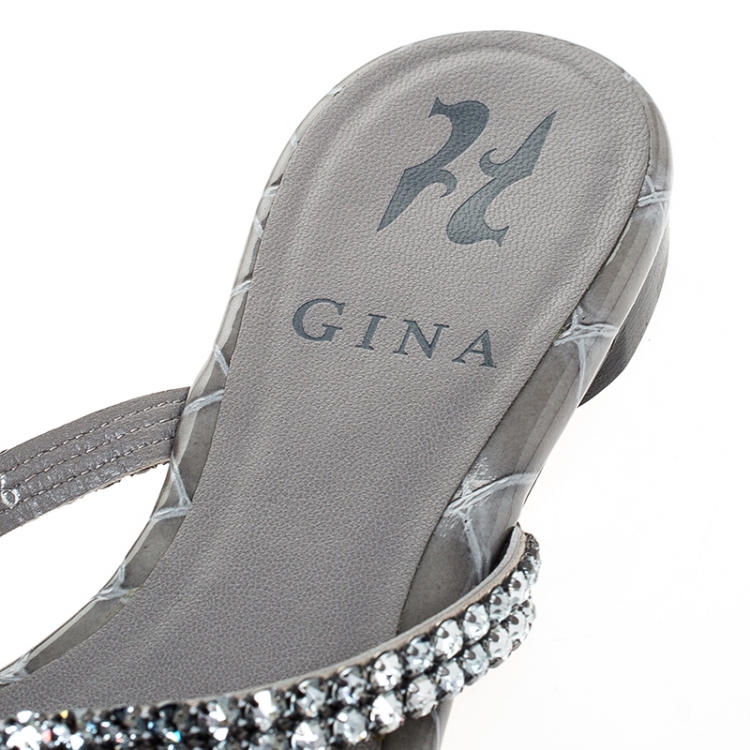 Pre Owned Gina Grey Crystal Embellished Croc Embossed Leather Olson Slide Flats Size 36