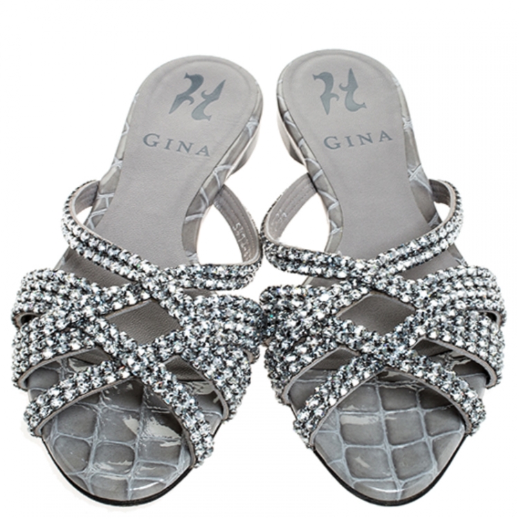Pre Owned Gina Grey Crystal Embellished Croc Embossed Leather Olson Slide Flats Size 36