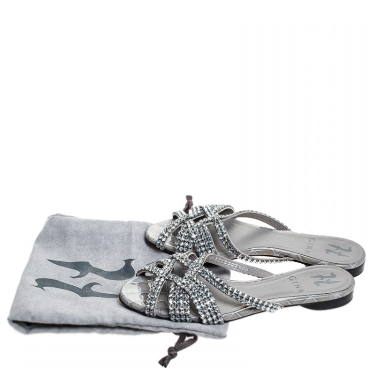 Pre Owned Gina Grey Crystal Embellished Croc Embossed Leather Olson Slide Flats Size 36