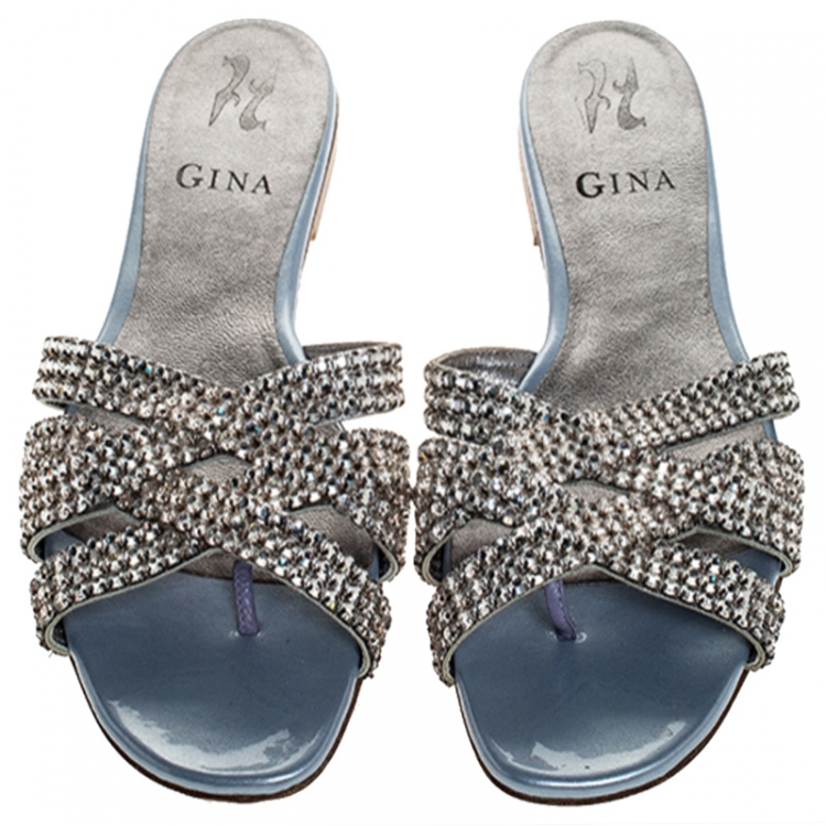 Pre Owned Gina Silver Crystal Embellished Slip On Slides Size 37