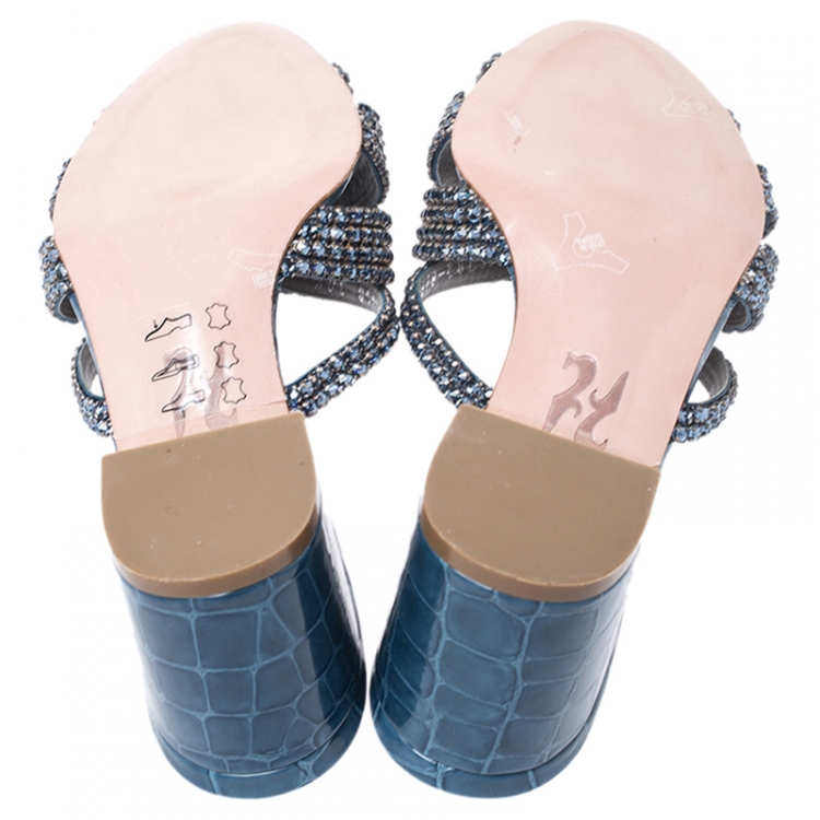 مملوكة مسبقًا Gina Blue Crystal Embellished Croc Embossed Patent Leather Rodeo Block Heel Slides Size 38.5