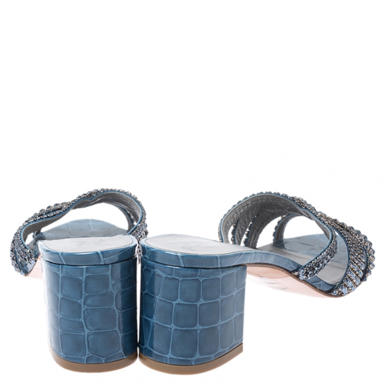 مملوكة مسبقًا Gina Blue Crystal Embellished Croc Embossed Patent Leather Rodeo Block Heel Slides Size 38.5