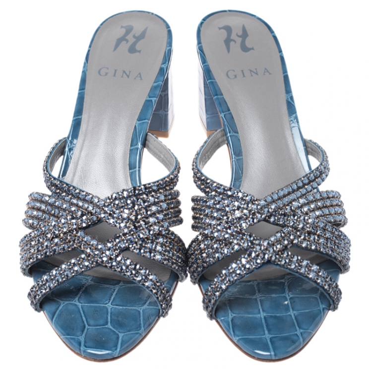 مملوكة مسبقًا Gina Blue Crystal Embellished Croc Embossed Patent Leather Rodeo Block Heel Slides Size 38.5
