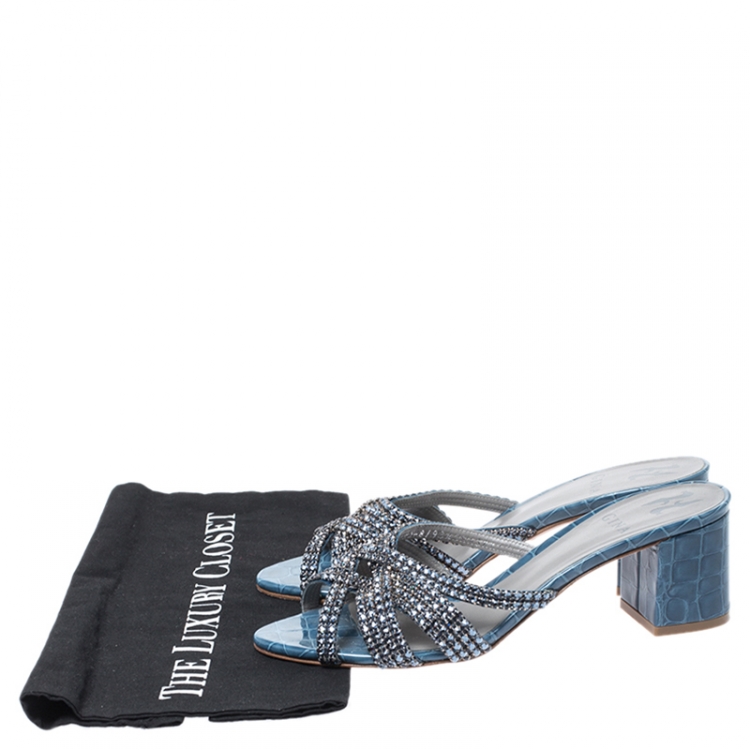 مملوكة مسبقًا Gina Blue Crystal Embellished Croc Embossed Patent Leather Rodeo Block Heel Slides Size 38.5