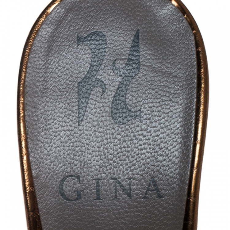 Pre Owned Gina Metallic Bronze Crystal Embellished Leather Slide Sandals Size 37