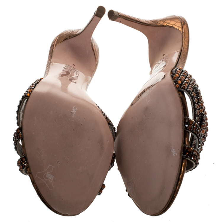Pre Owned Gina Metallic Bronze Crystal Embellished Leather Slide Sandals Size 37