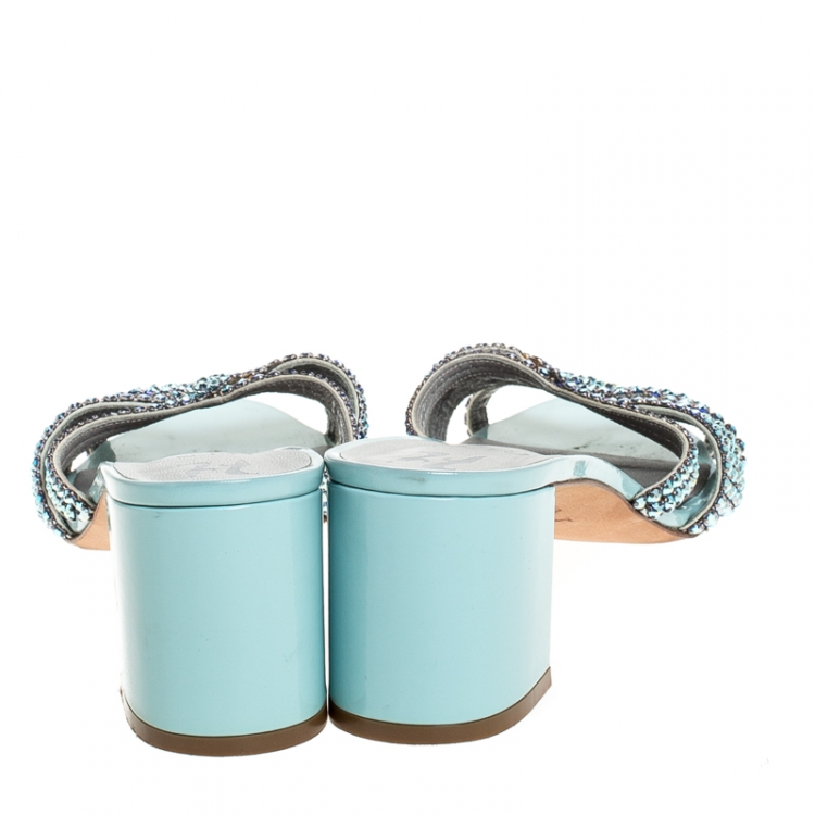 Pre Owned Gina Blue Crystal Embellished Patent Leather Rodeo Block Heel Slides Size 42