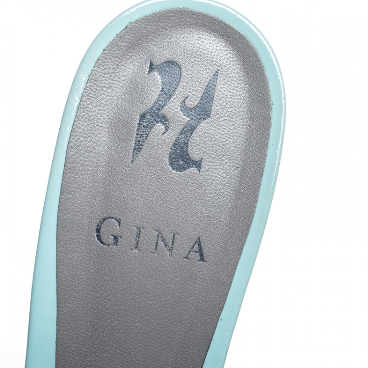 Pre Owned Gina Blue Crystal Embellished Patent Leather Rodeo Block Heel Slides Size 42