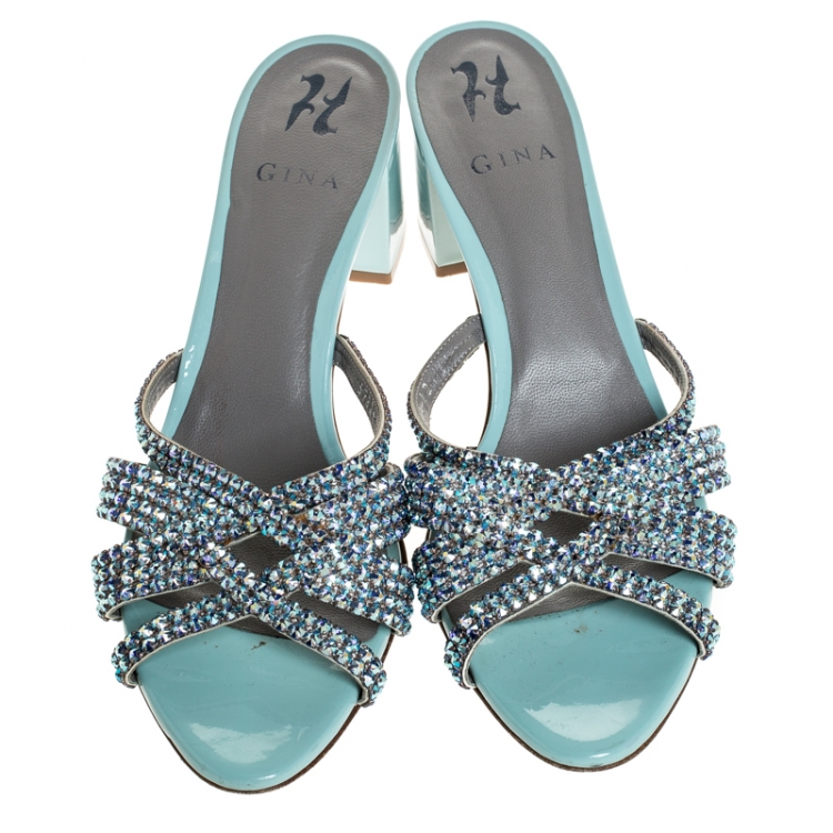 Pre Owned Gina Blue Crystal Embellished Patent Leather Rodeo Block Heel Slides Size 42