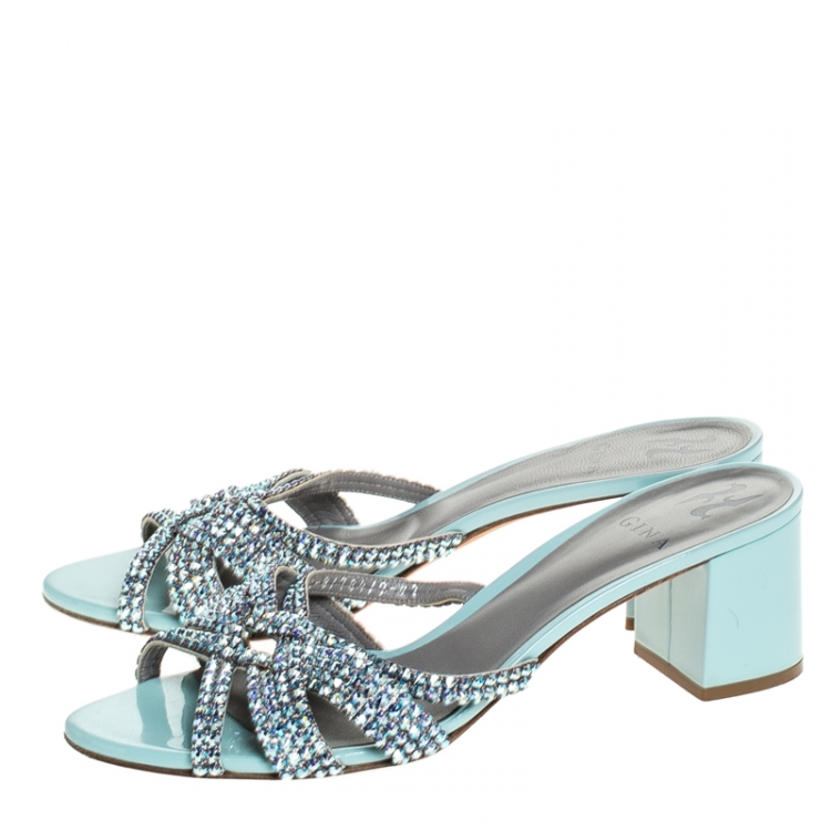Pre Owned Gina Blue Crystal Embellished Patent Leather Rodeo Block Heel Slides Size 42