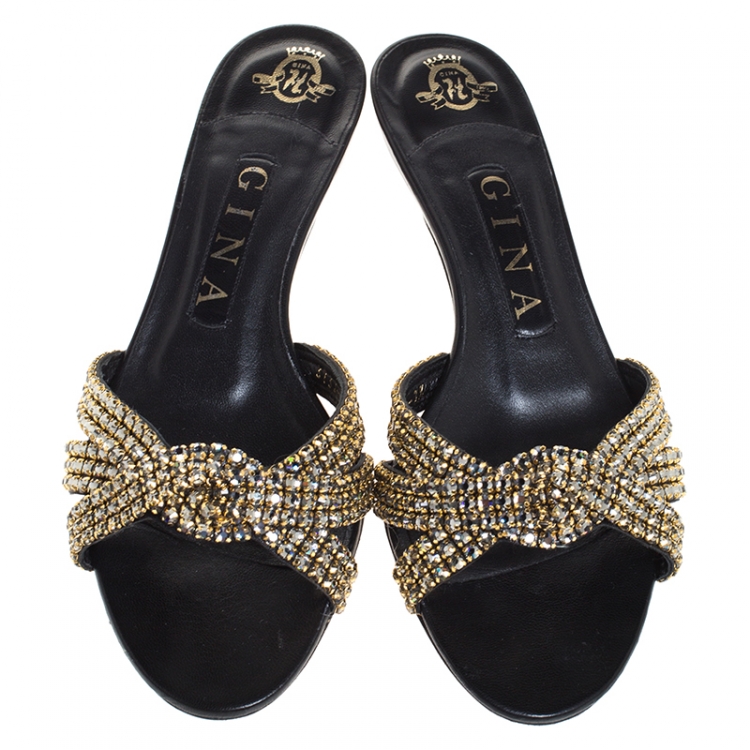 Pre Owned Gina Black Embellished Knotted Open Toe Slides Size 36.5