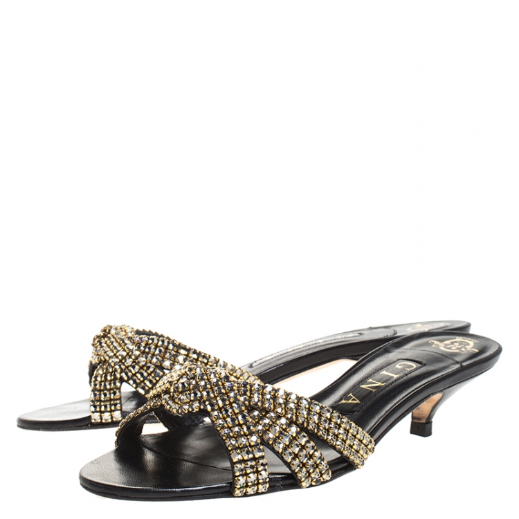 Pre Owned Gina Black Embellished Knotted Open Toe Slides Size 36.5