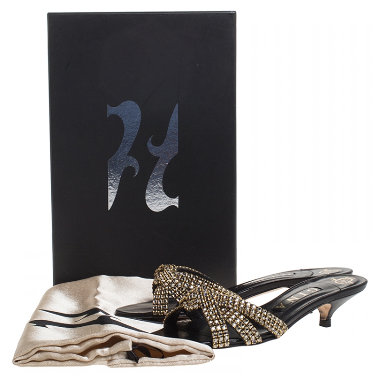 Pre Owned Gina Black Embellished Knotted Open Toe Slides Size 36.5