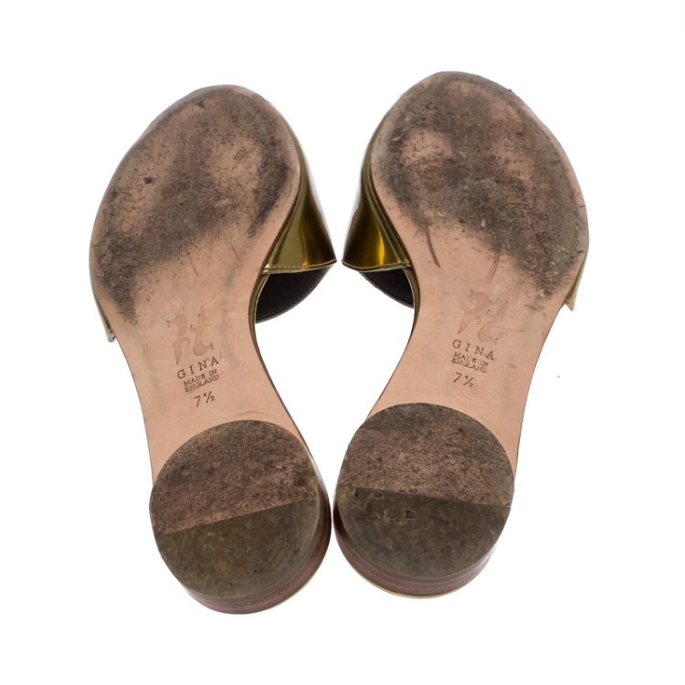 Pre Owned Gina Metallic Gold Leather Crystal Embellished Flat Slides Size 40