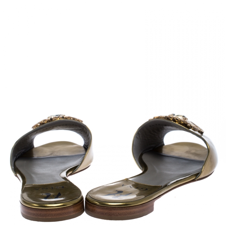 Pre Owned Gina Metallic Gold Leather Crystal Embellished Flat Slides Size 40