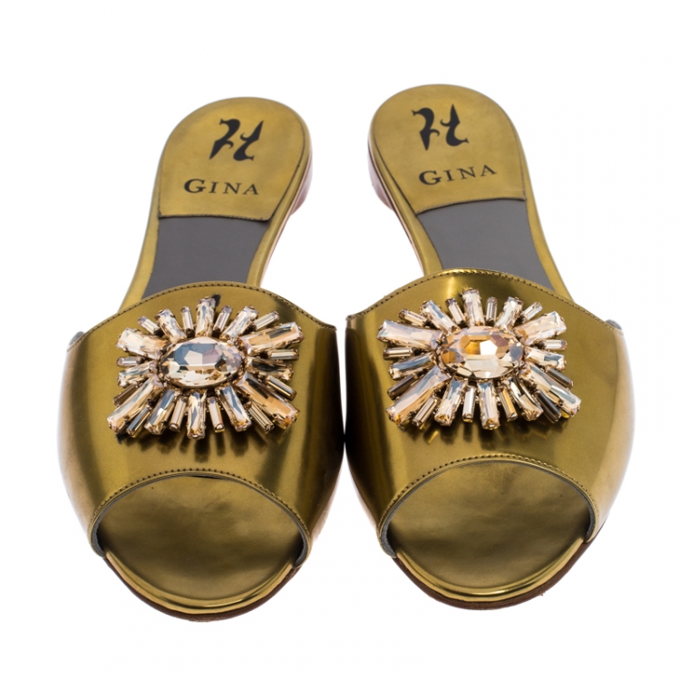 Pre Owned Gina Metallic Gold Leather Crystal Embellished Flat Slides Size 40