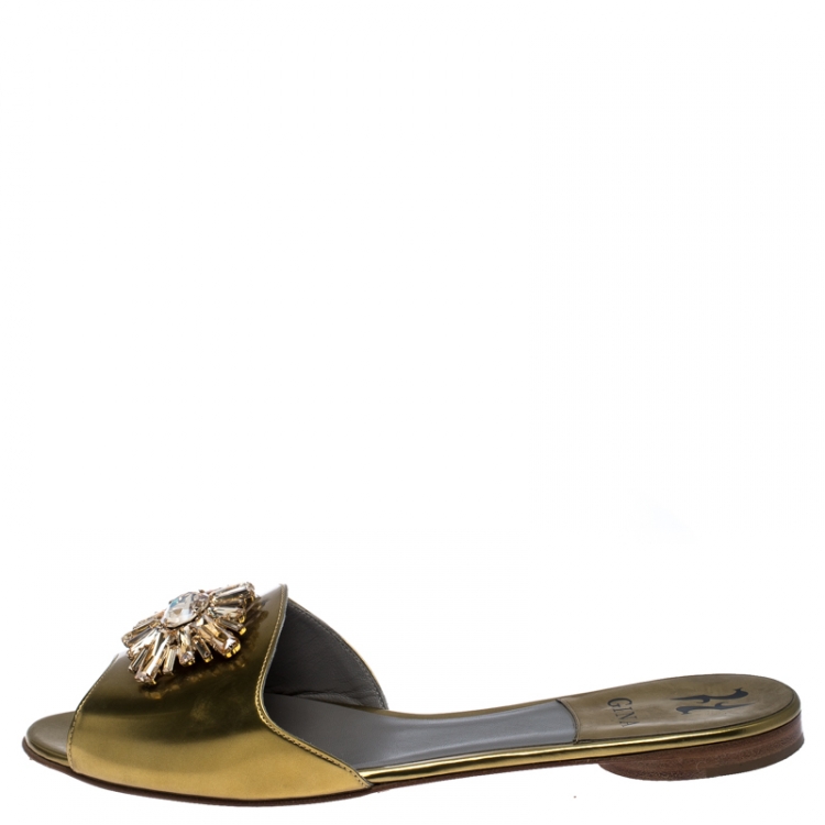 Pre Owned Gina Metallic Gold Leather Crystal Embellished Flat Slides Size 40