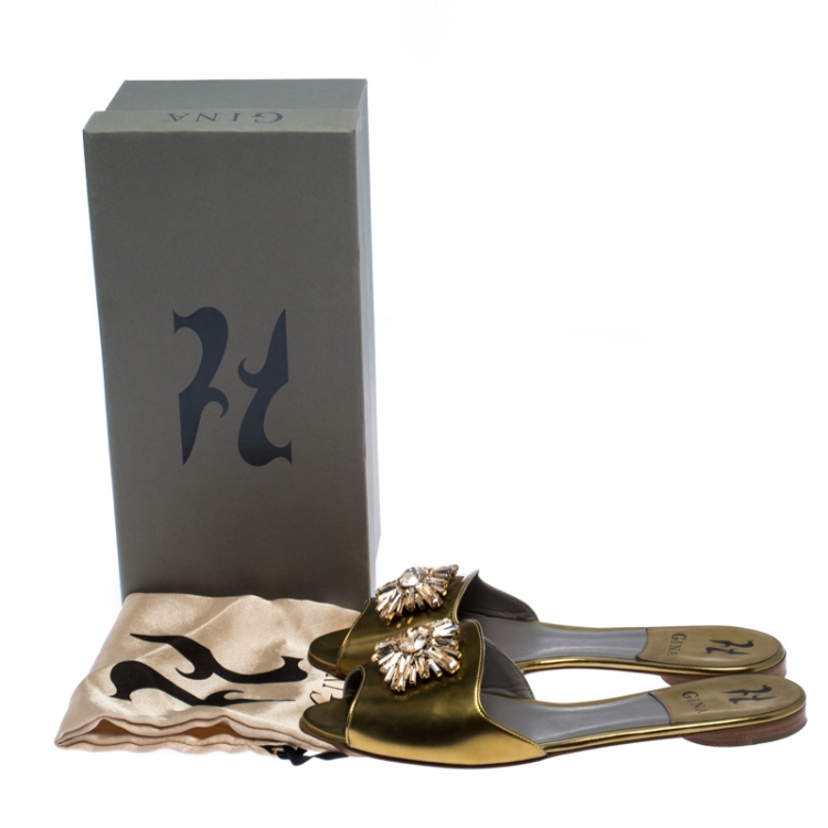 Pre Owned Gina Metallic Gold Leather Crystal Embellished Flat Slides Size 40