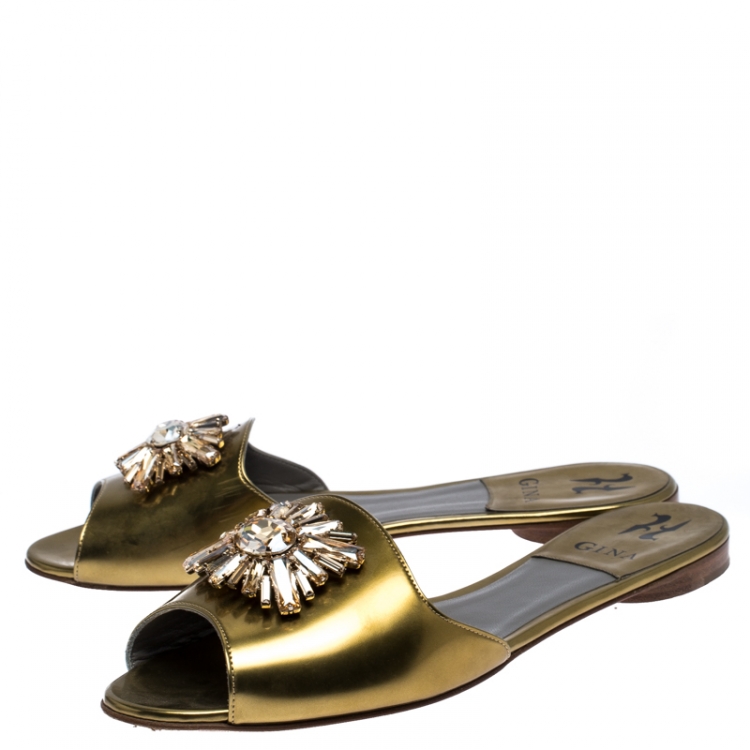 Pre Owned Gina Metallic Gold Leather Crystal Embellished Flat Slides Size 40