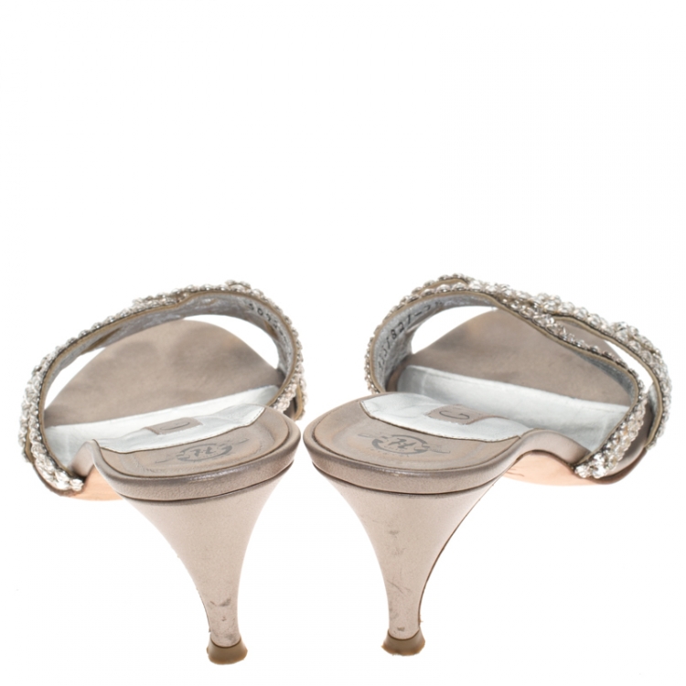 Pre Owned Gina Silver Crystal Embellished Leather Open Toe Sandals Size 40.5