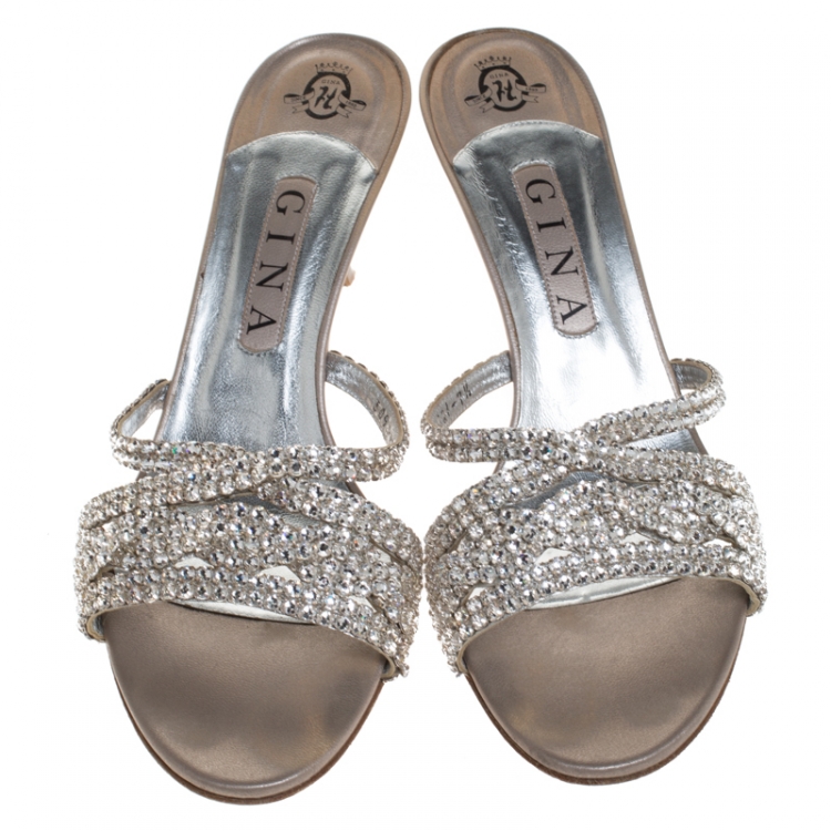 Pre Owned Gina Silver Crystal Embellished Leather Open Toe Sandals Size 40.5