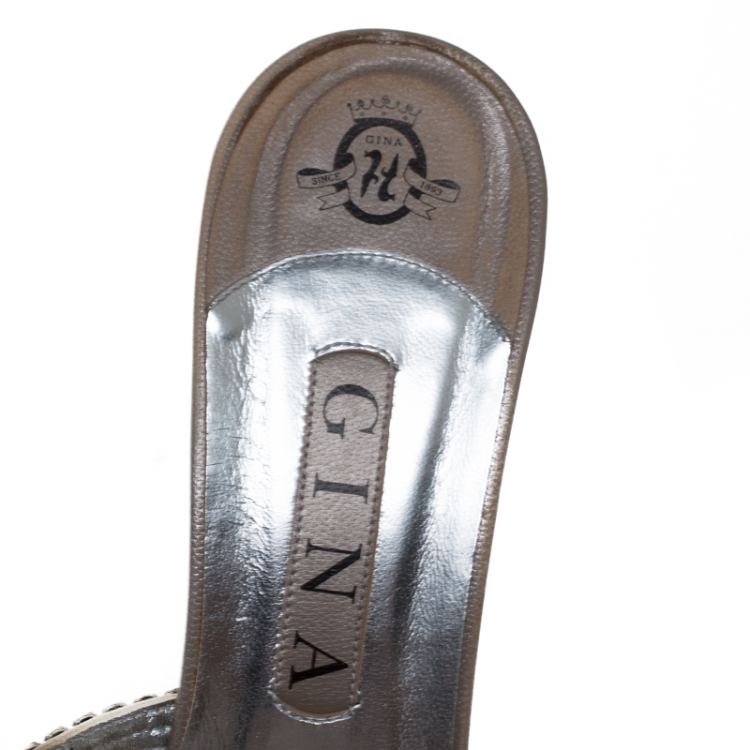 Pre Owned Gina Silver Crystal Embellished Leather Open Toe Sandals Size 40.5