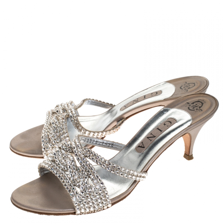 Pre Owned Gina Silver Crystal Embellished Leather Open Toe Sandals Size 40.5