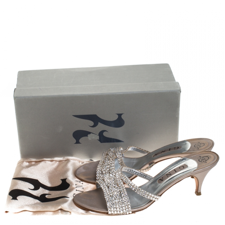 Pre Owned Gina Silver Crystal Embellished Leather Open Toe Sandals Size 40.5