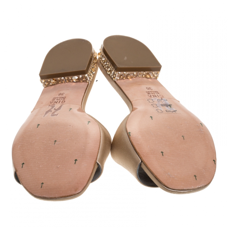 Pre Owned Gina Beige Satin Crystal Embellished Heel Flat Slides Size 36