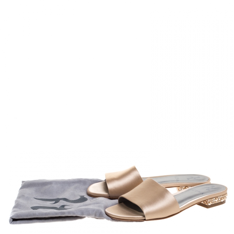 Pre Owned Gina Beige Satin Crystal Embellished Heel Flat Slides Size 36