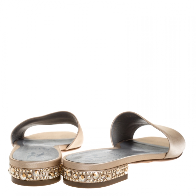 Pre Owned Gina Beige Satin Crystal Embellished Heel Flat Slides Size 36