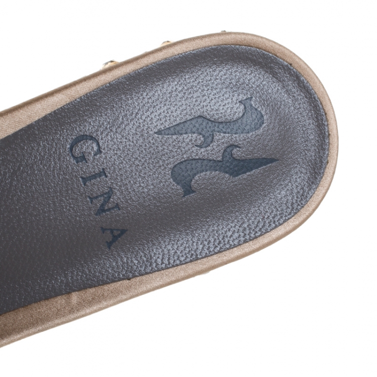 Pre Owned Gina Beige Satin Crystal Embellished Heel Flat Slides Size 36