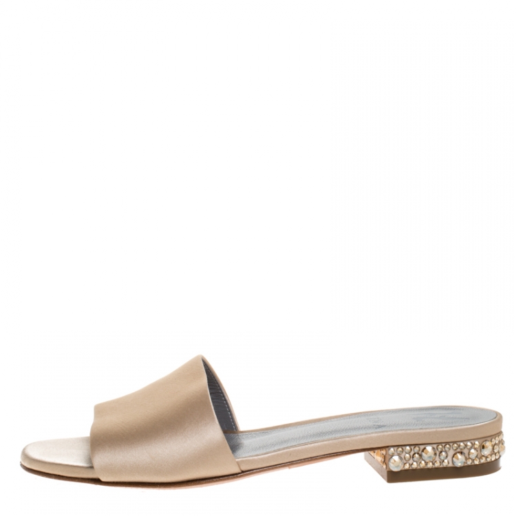 Pre Owned Gina Beige Satin Crystal Embellished Heel Flat Slides Size 36