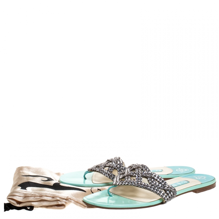 Pre Owned Gina Silver Crystal Embellished Leather Thong Flats Size 37.5