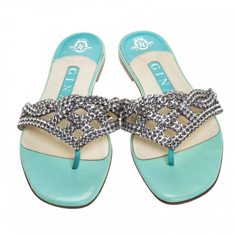 Pre Owned Gina Silver Crystal Embellished Leather Thong Flats Size 37.5