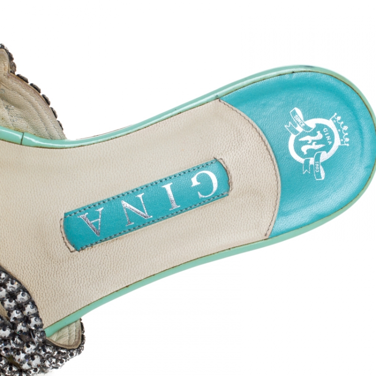 Pre Owned Gina Silver Crystal Embellished Leather Thong Flats Size 37.5