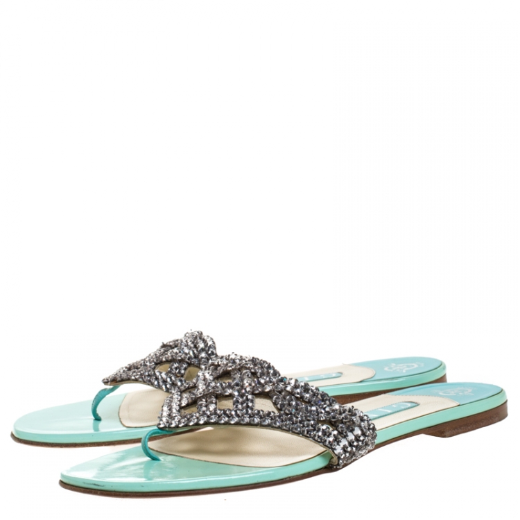 Pre Owned Gina Silver Crystal Embellished Leather Thong Flats Size 37.5