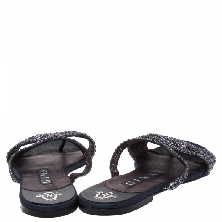 Pre Owned Gina Navy Blue/Purple Leather Crystal Embellished Flat Slides Size 38