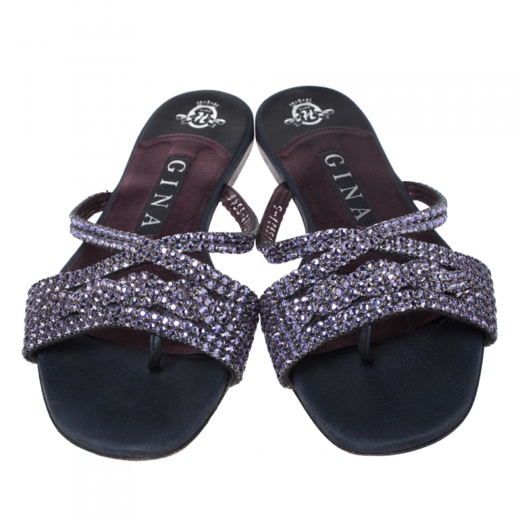 Pre Owned Gina Navy Blue/Purple Leather Crystal Embellished Flat Slides Size 38