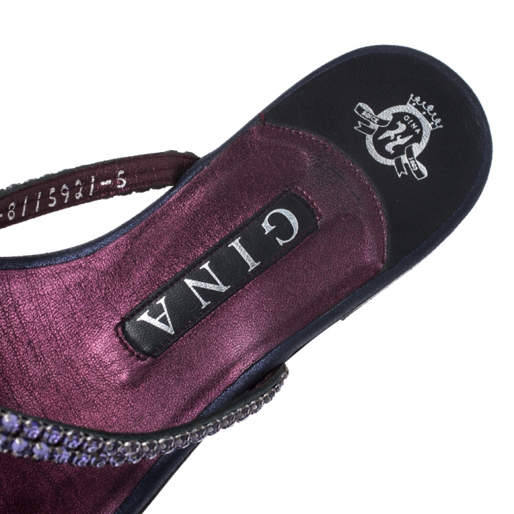 Pre Owned Gina Navy Blue/Purple Leather Crystal Embellished Flat Slides Size 38