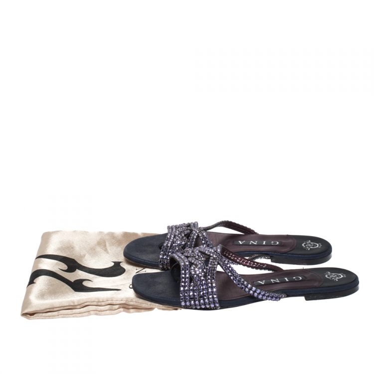 Pre Owned Gina Navy Blue/Purple Leather Crystal Embellished Flat Slides Size 38
