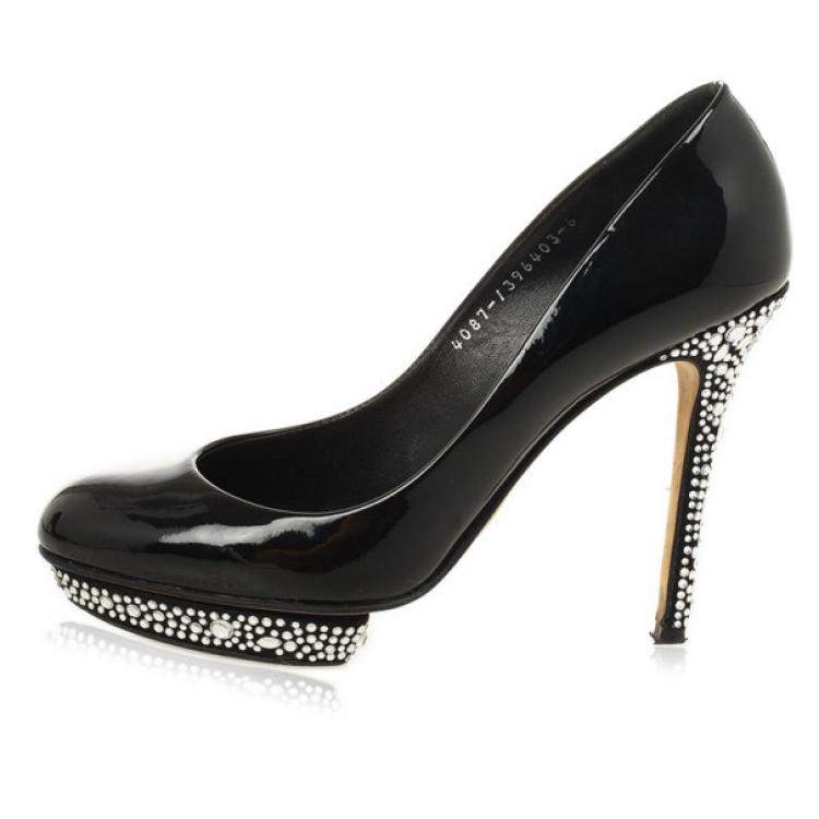 Pre Owned Gina Black Patent Swarovski Studded Pumps Size 39