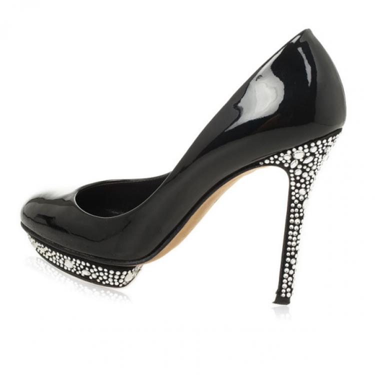 Pre Owned Gina Black Patent Swarovski Studded Pumps Size 39