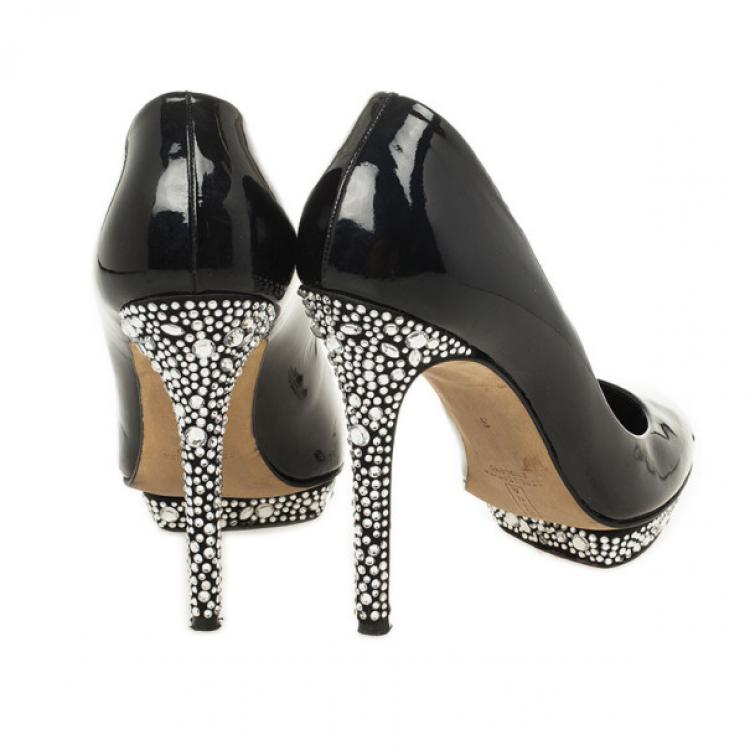 Pre Owned Gina Black Patent Swarovski Studded Pumps Size 39