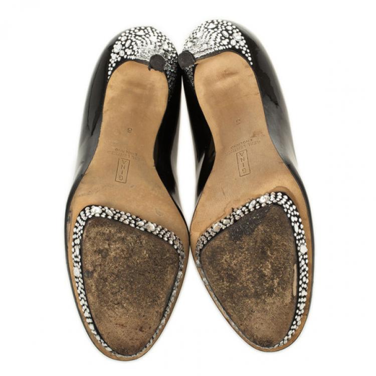 Pre Owned Gina Black Patent Swarovski Studded Pumps Size 39