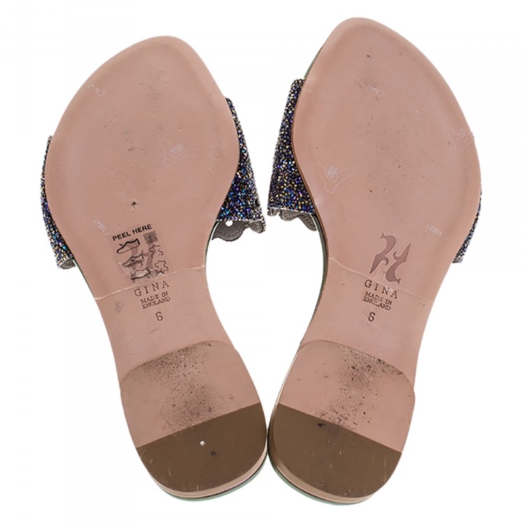 Pre Owned Gina Blue Crystal Embellished Flat Slides Size 39